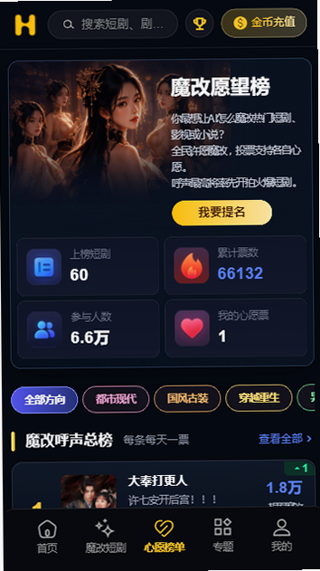 黄豆魔改短剧心愿榜单界面